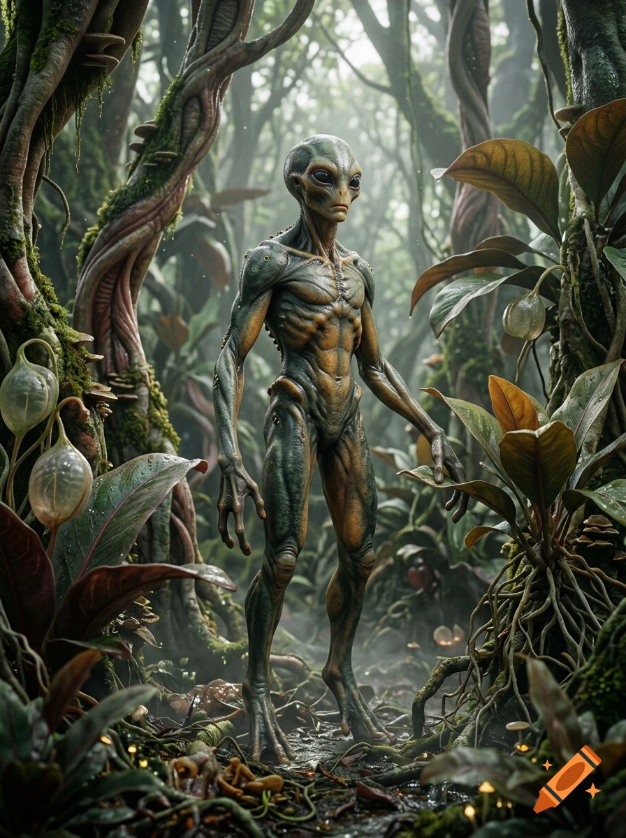 A photorealistic alien standing in a dense biomorphic alien forest with glowing plant pods.