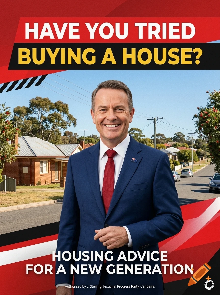 A satirical political poster featuring a smiling man in a suit with the text 'HAVE YOU TRIED BUYING A HOUSE?'