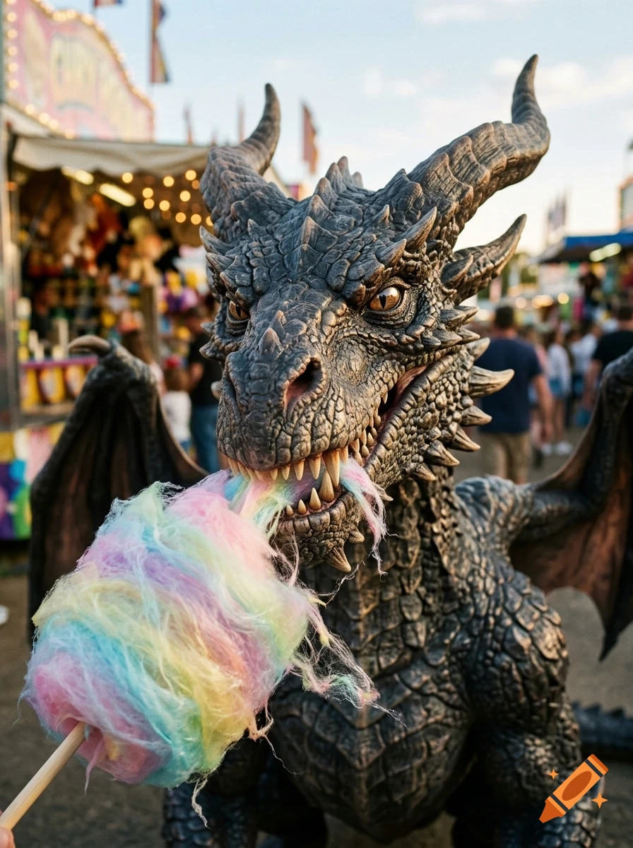 A detailed dark dragon puppet eating a colorful cotton candy at a fair.