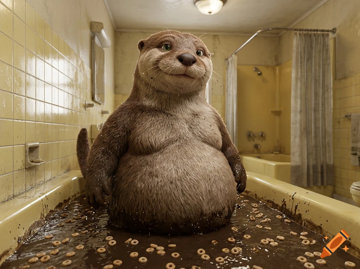 A friendly anthropomorphic otter sitting upright in a vintage yellow bathtub filled with chocolate milk and cereal rings.