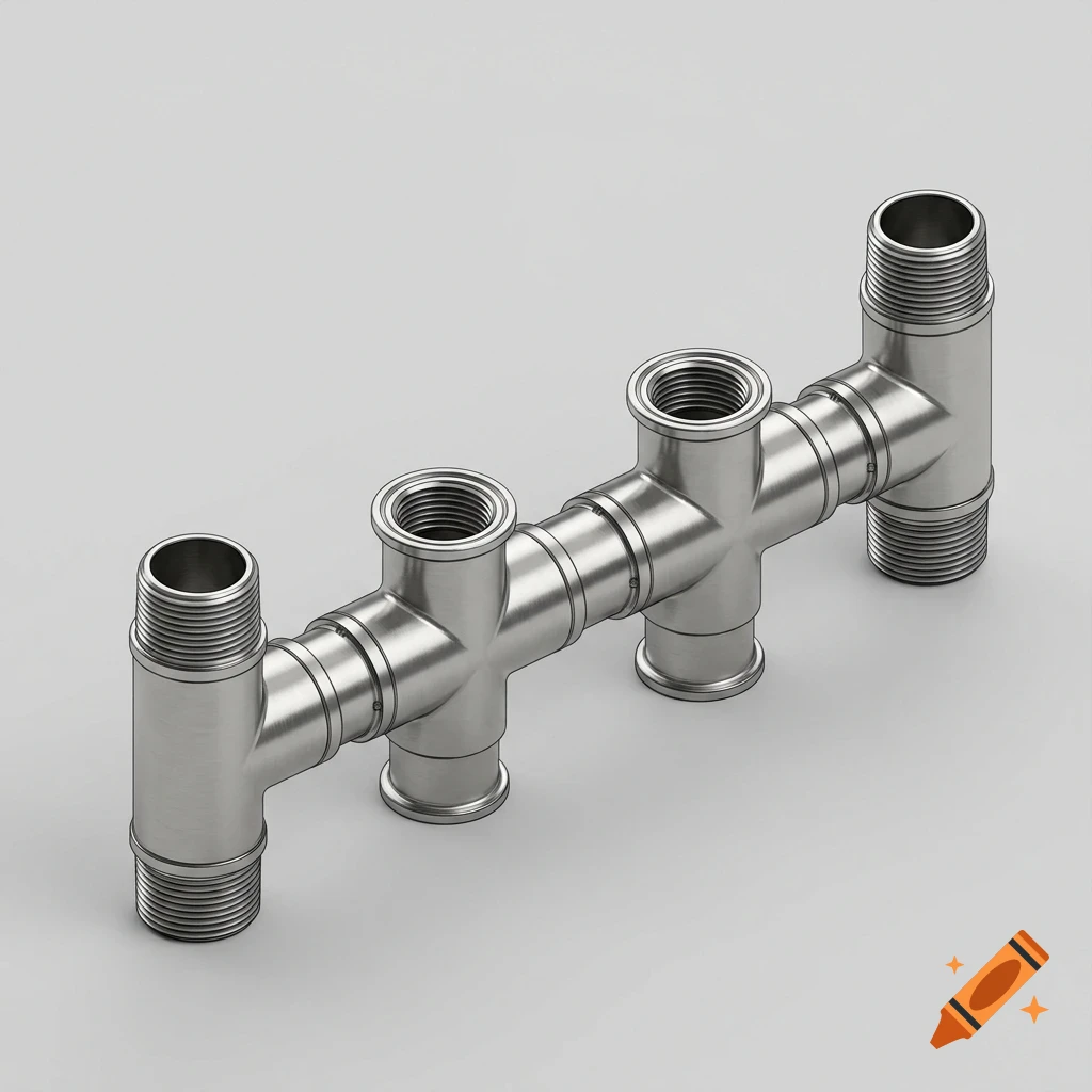 A metallic industrial pipe manifold with multiple threaded ports against a light gray background.