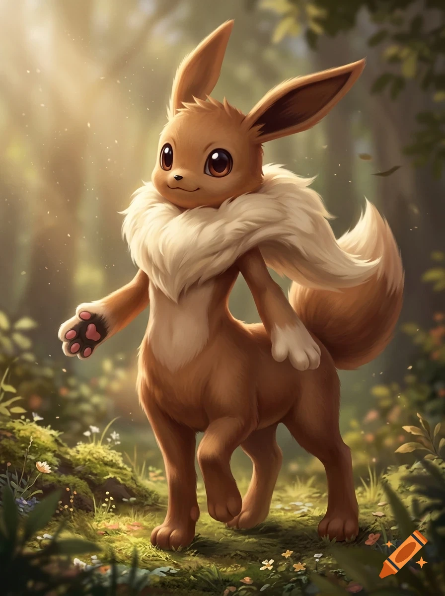 An Eevee-like creature standing in a sunny forest clearing.