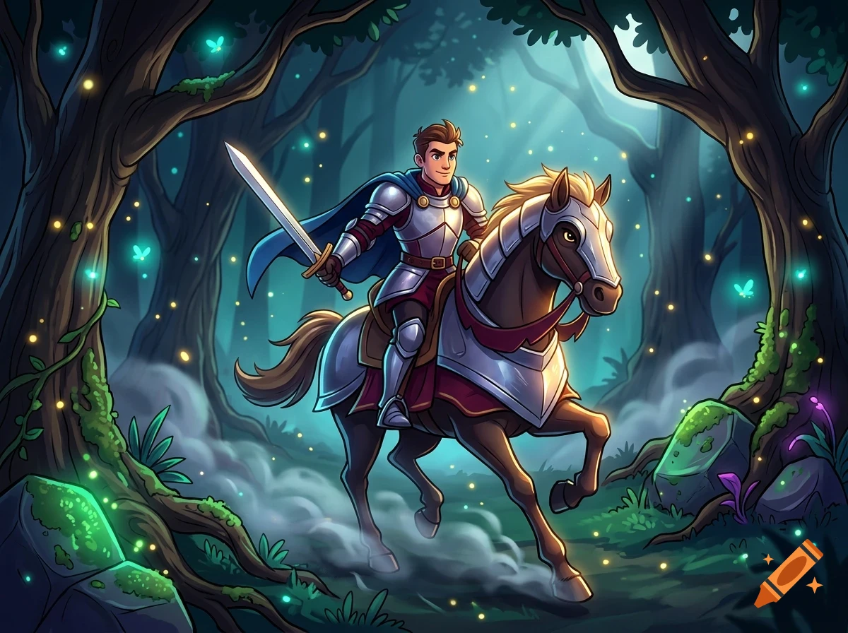 An armored knight holding a sword rides a horse through an enchanted forest filled with glowing lights.