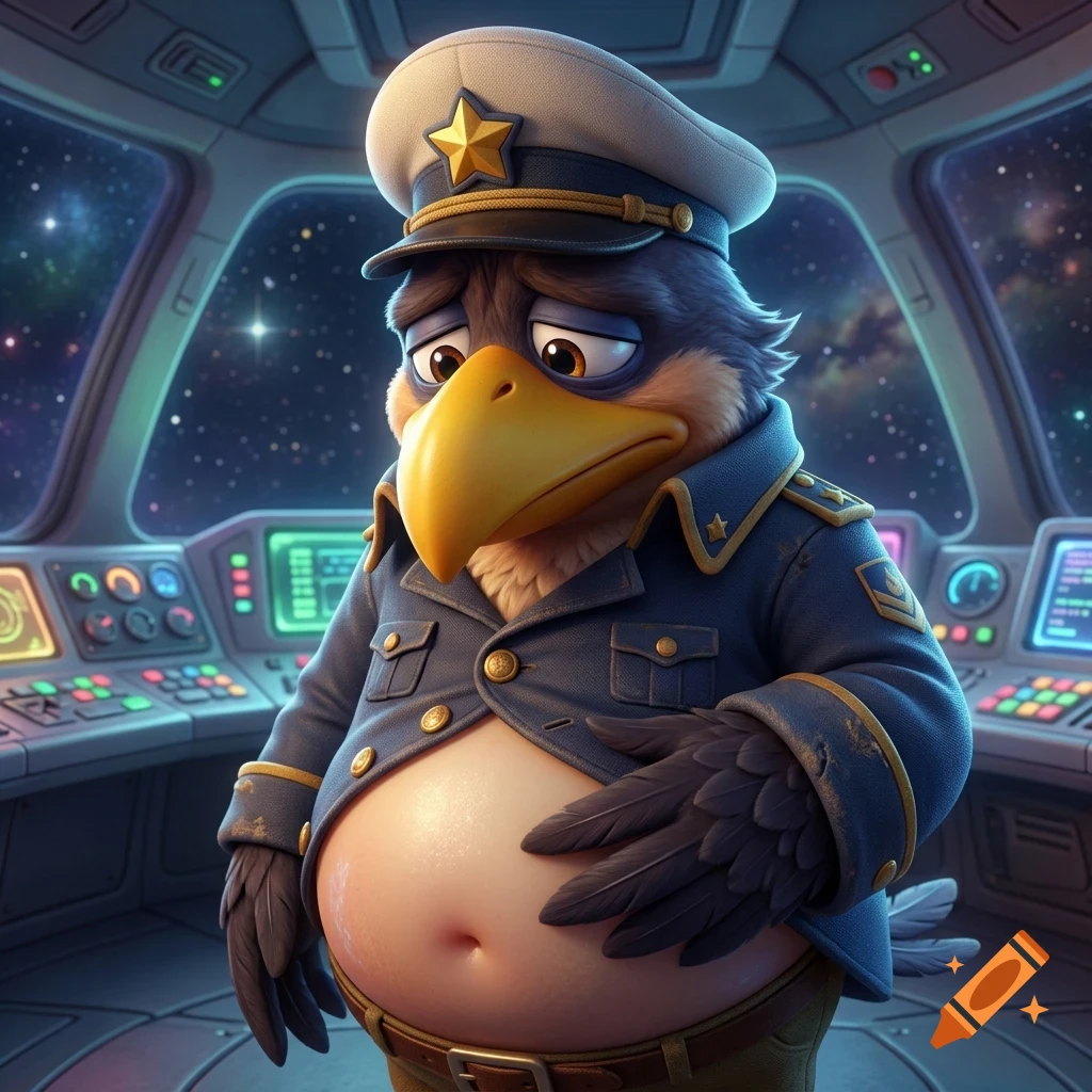 An anthropomorphic bird with a sad expression, wearing a navy blue captain's uniform and cap, stands inside a spaceship cockpit with starfields visible through the windows.