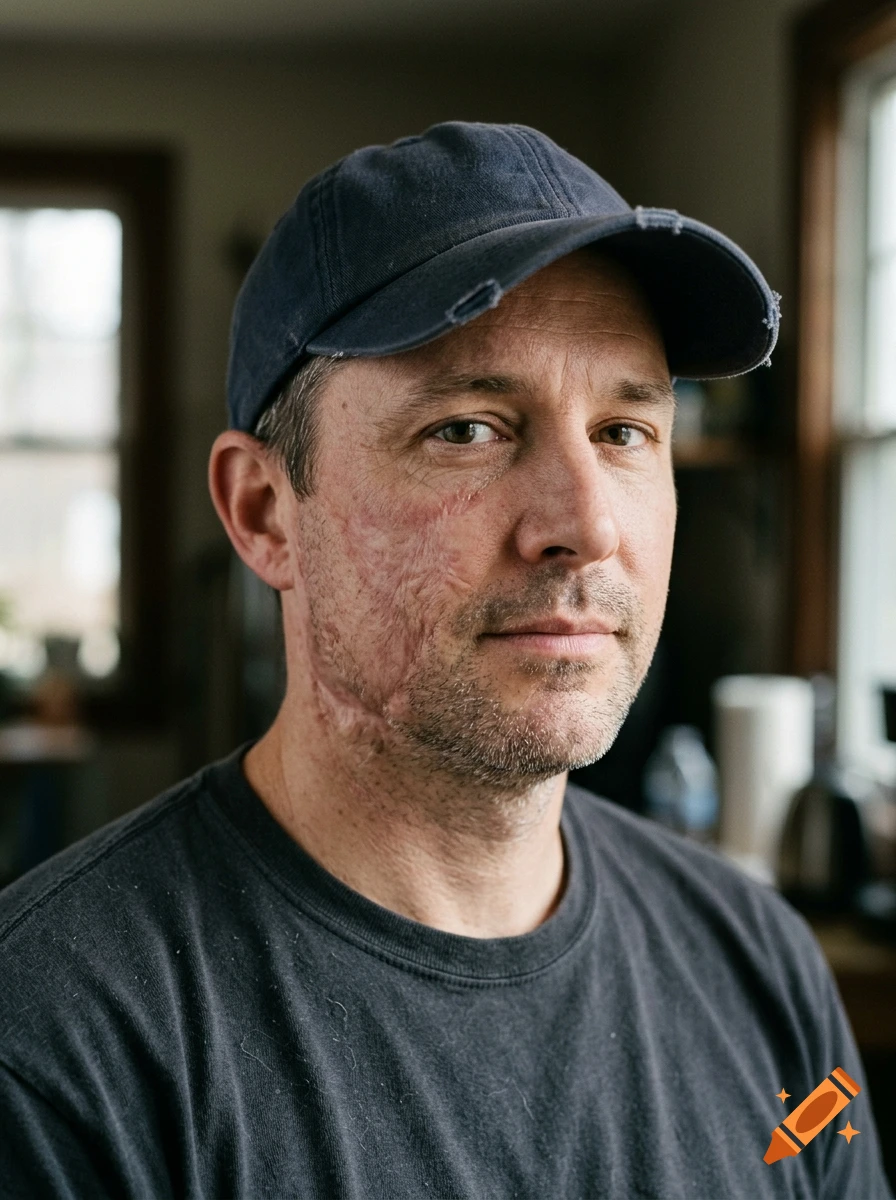 Photorealistic close-up portrait of a man with burn scars on the right side of his face, wearing a dark blue cap.