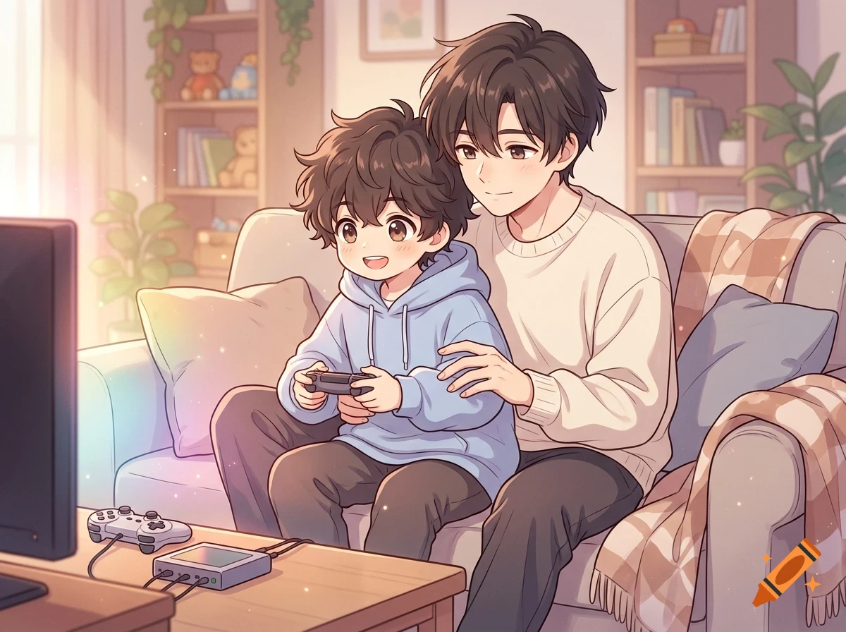 An anime-style illustration of two boys sitting on a sofa in a living room, playing a video game together.
