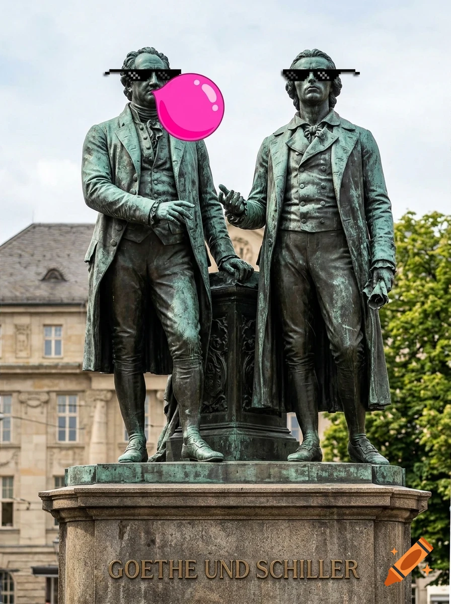 A bronze monument of Goethe and Schiller, humorously edited with pixelated sunglasses and a pink bubblegum bubble on the left figure.