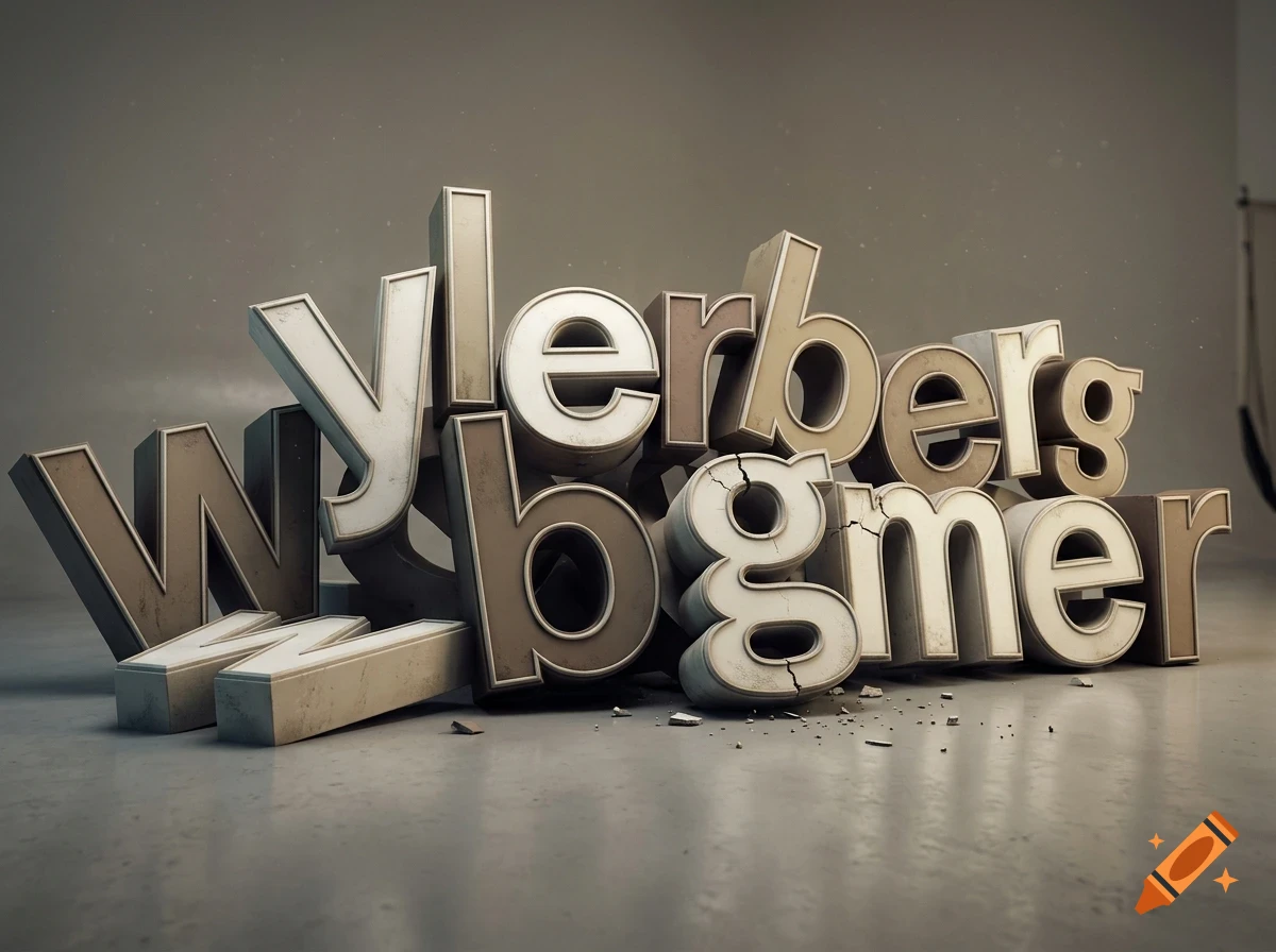 A pile of large, three-dimensional concrete-like letters spelling out a word on a studio floor.