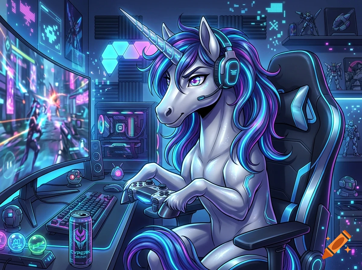 An anthromorphic unicorn with purple and blue hair wearing headphones is playing a video game using a controller in a neon-lit gaming setup.