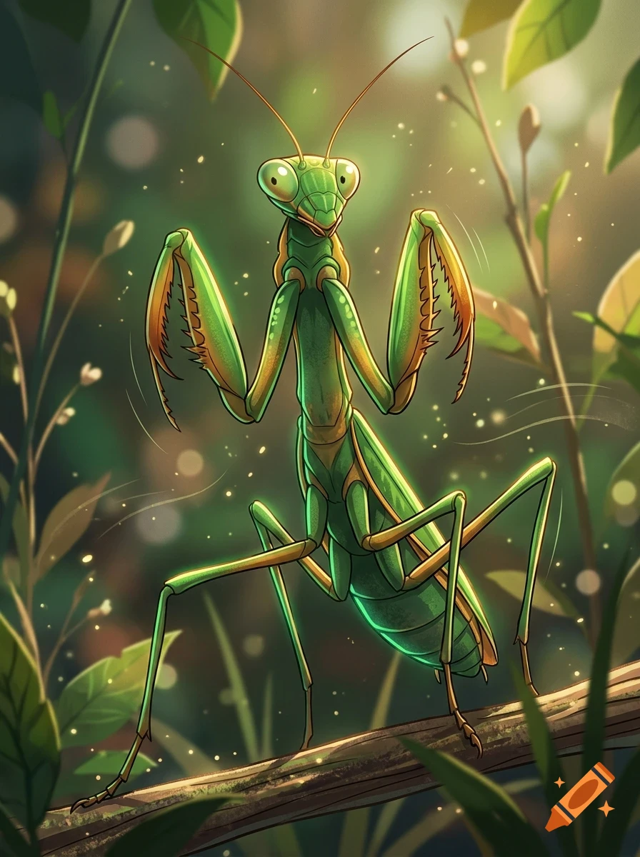 A detailed digital illustration of a green praying mantis perched on a branch in a sunlit forest.