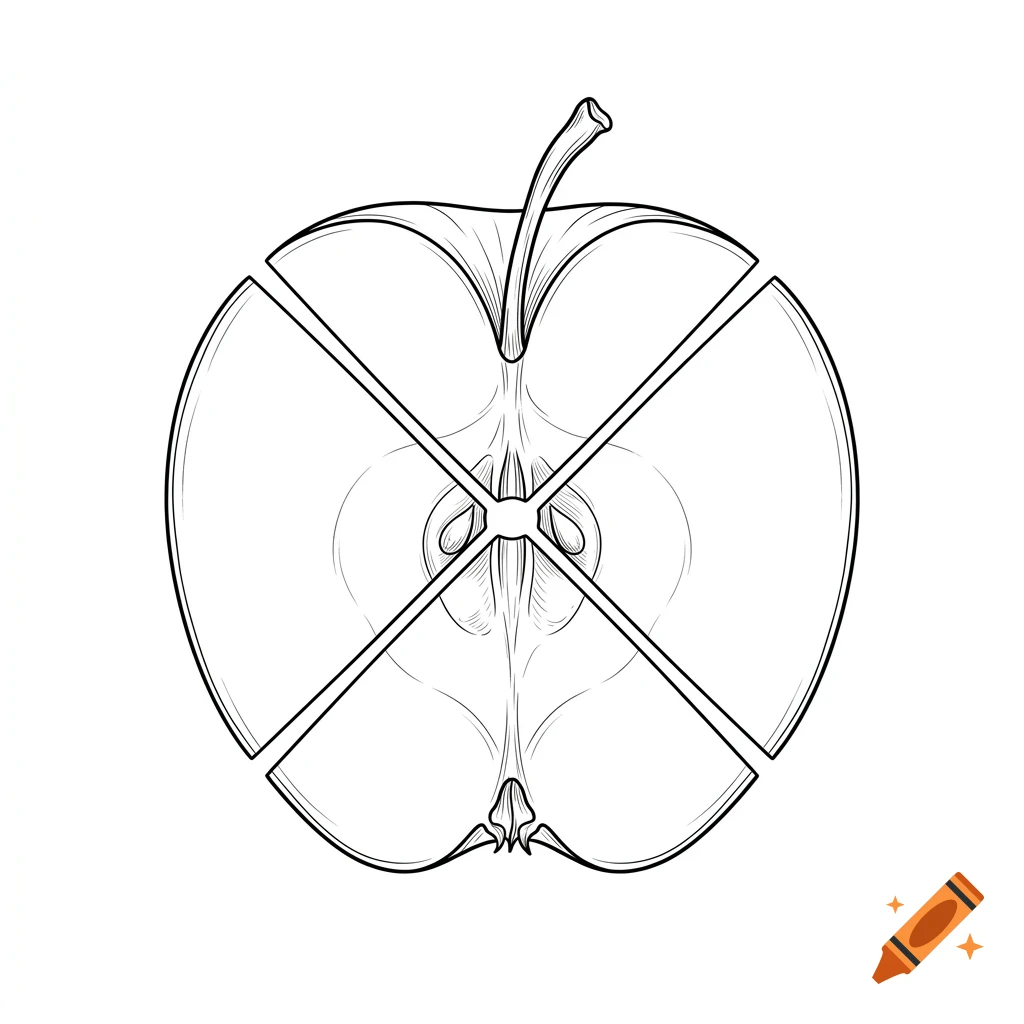 An outline drawing of an apple cut into four sections, showing internal core structure and seeds.
