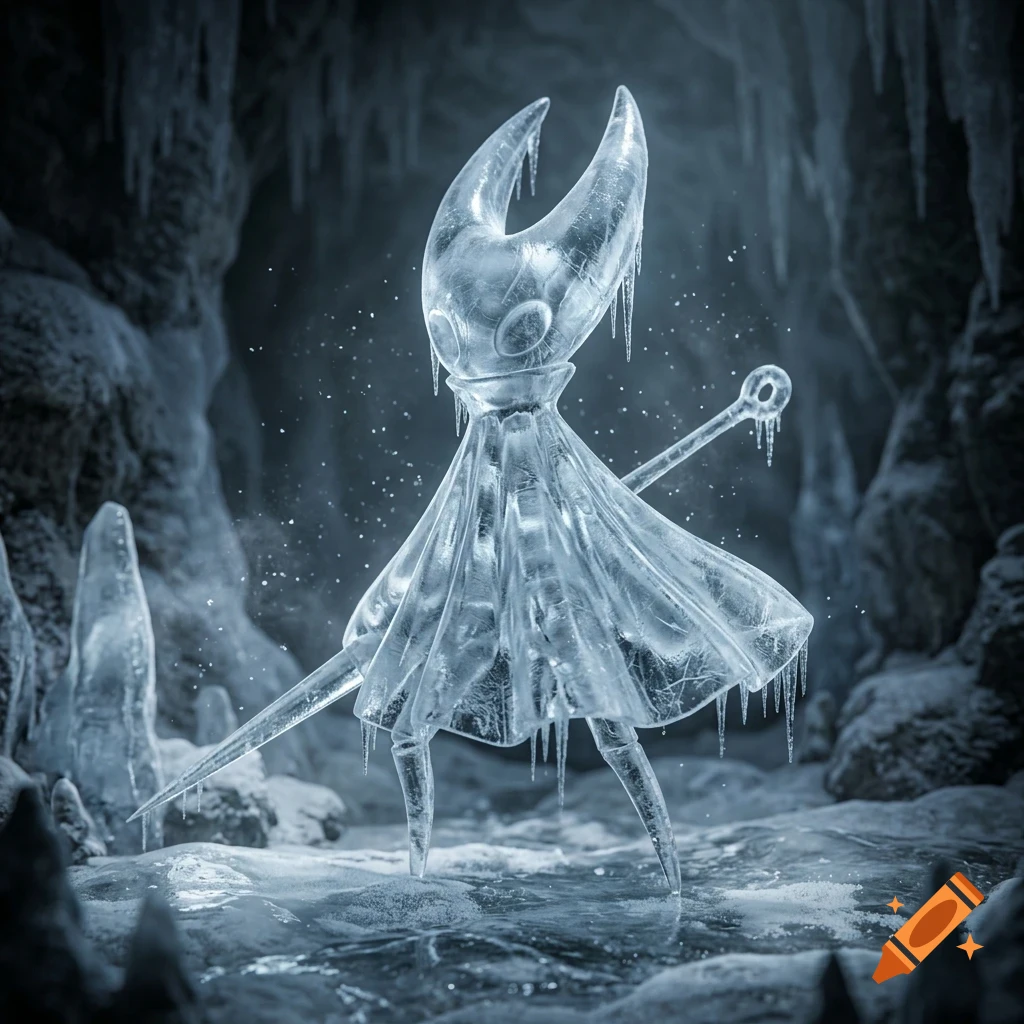 A translucent ice sculpture of the character Hornet from Hollow Knight standing in an ice cave with icicles.