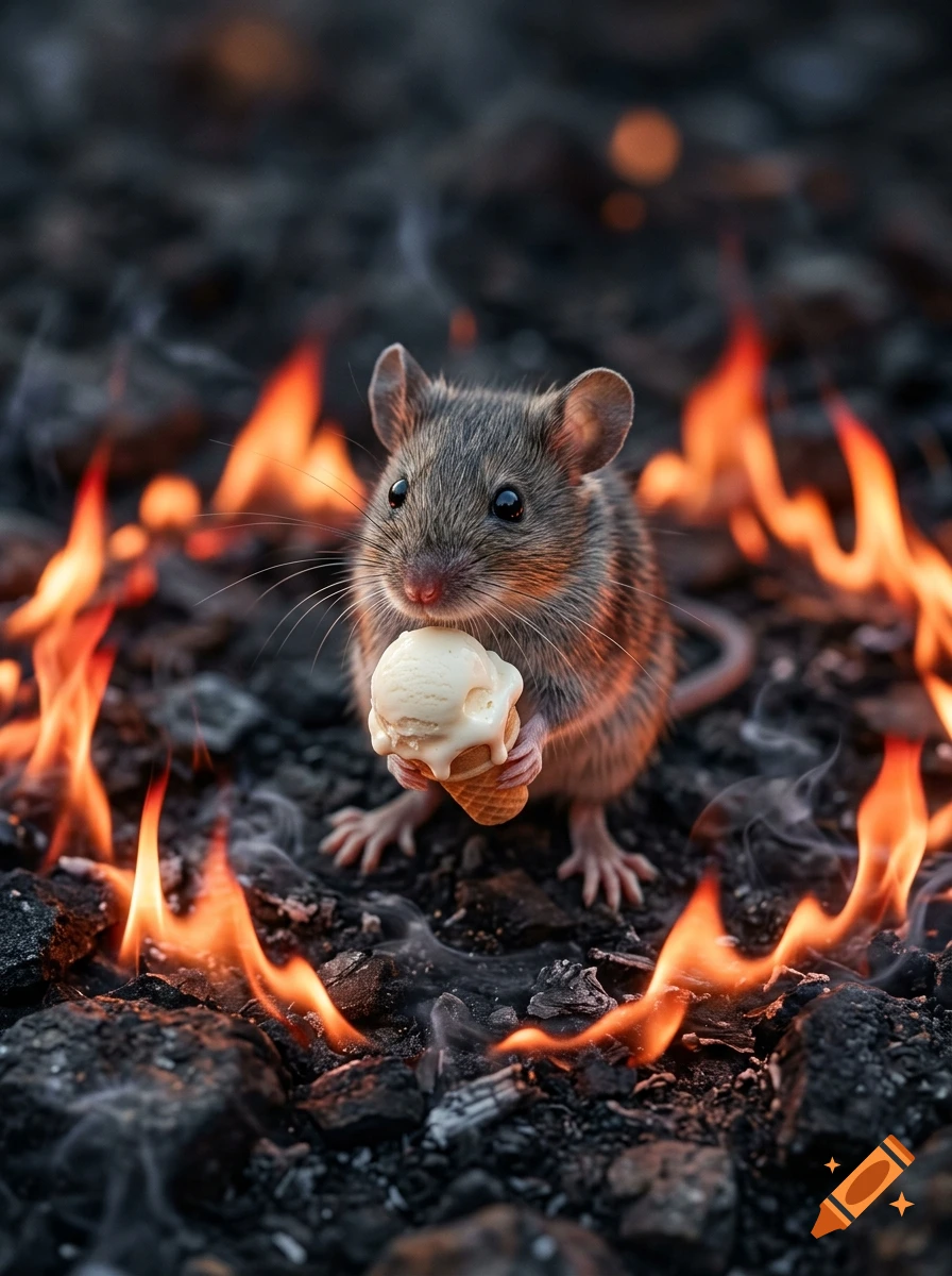Photorealistic close-up of a small mouse holding a melting ice cream cone, encircled by glowing flames on dark charcoal.