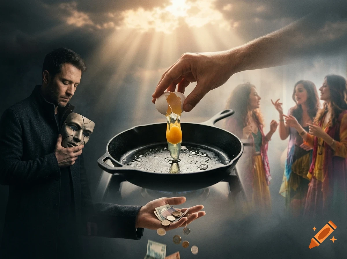 A surreal digital composite image featuring a man holding a mask, a hand cracking an egg into a skillet, money falling, and three women conversing in the background under a cloudy sky.