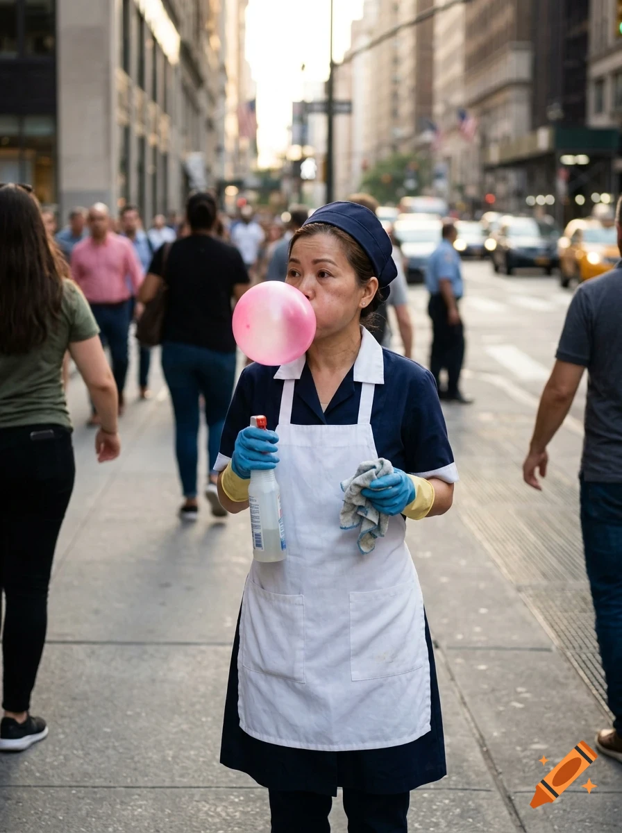A cleaning worker in a uniform blows a large pink bubble gum bubble on a busy city street.