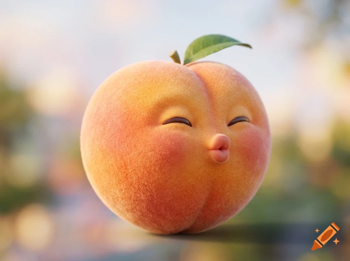 A fuzzy, anthropomorphic peach character with closed eyes and pursed lips as if giving a kiss, featuring a single green leaf on top.