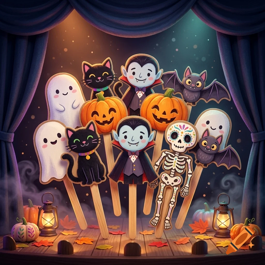 A collection of Halloween puppet cutouts featuring ghosts, black cats, vampires, bats, pumpkins, and a skeleton arranged on a wooden stage with lanterns.
