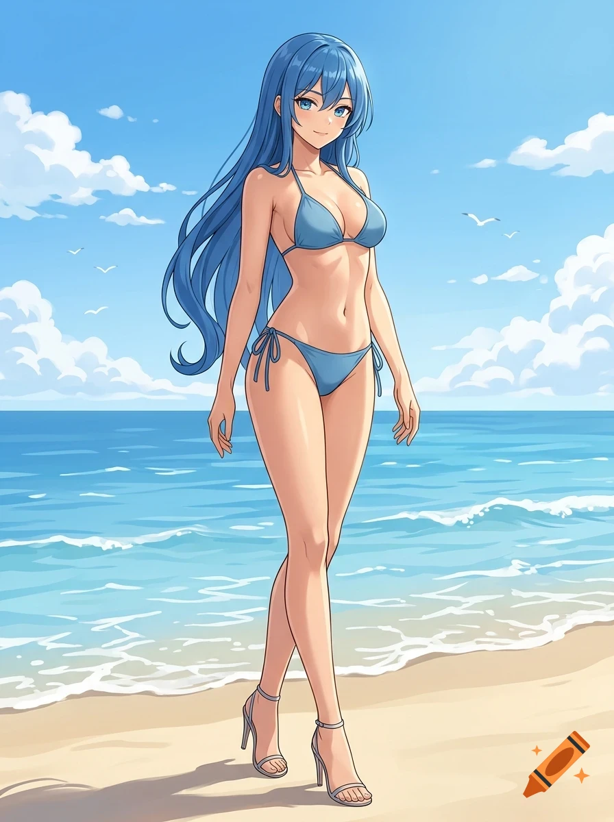 An anime-style illustration of a woman with long blue hair wearing a blue bikini, standing on a sandy beach by the ocean under a partly cloudy sky.