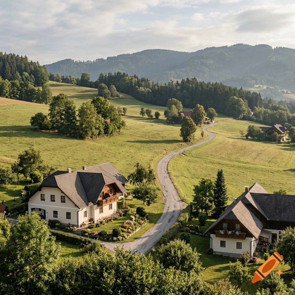 Photorealistic aerial view of a winding road through green rolling hills with traditional houses in Vasoldsberg, Austria.