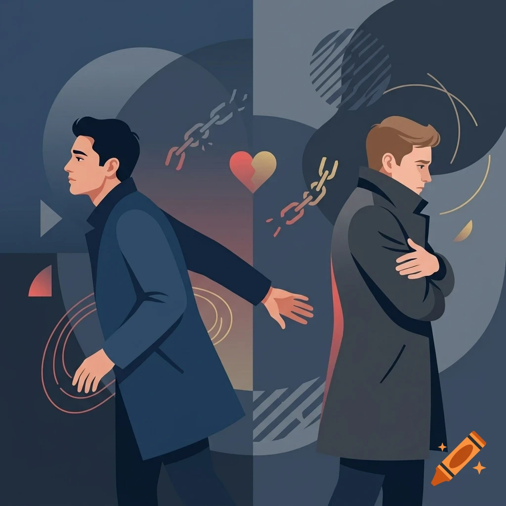 An illustrated vector artwork depicts two men standing back-to-back with a broken heart symbol and broken chains floating between them, symbolizing separation or heartbreak.