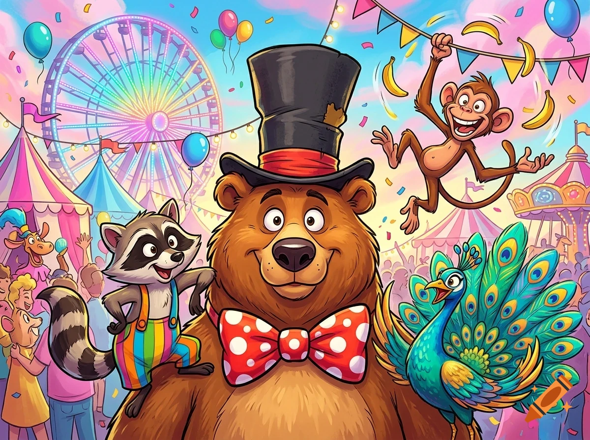 A colorful cartoon illustration of a cheerful bear in a top hat and bowtie at an amusement park with a raccoon, monkey, and peacock, surrounded by carnival rides and festive decorations.