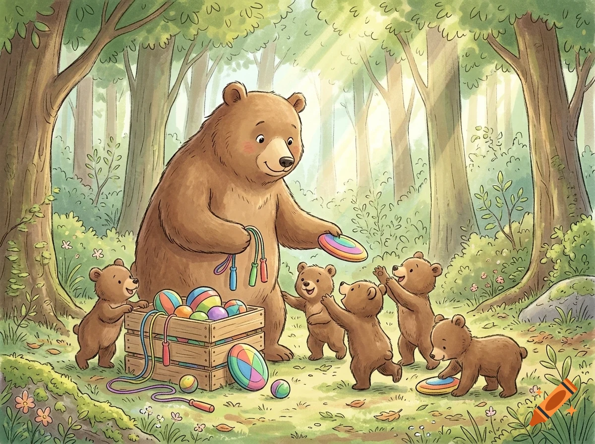 Watercolor illustration of a large bear and several small bear cubs playing with toys and jump ropes in a sunlit forest.
