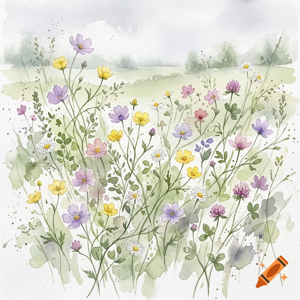 A watercolor painting of a vibrant meadow filled with colorful wildflowers including yellow, purple, pink, and white blooms under a soft sky.