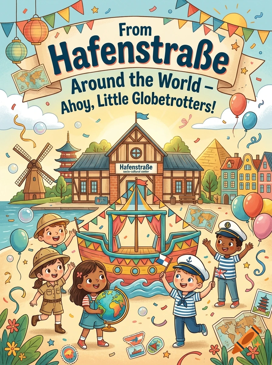 Children's carnival flyer illustration featuring kids in exploration and sailor outfits with a model ship and world map theme.