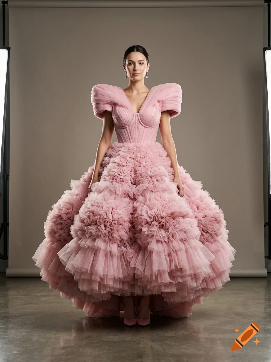 A full-length studio portrait of a woman wearing a voluminous pink ruffled gown with structured shoulders.