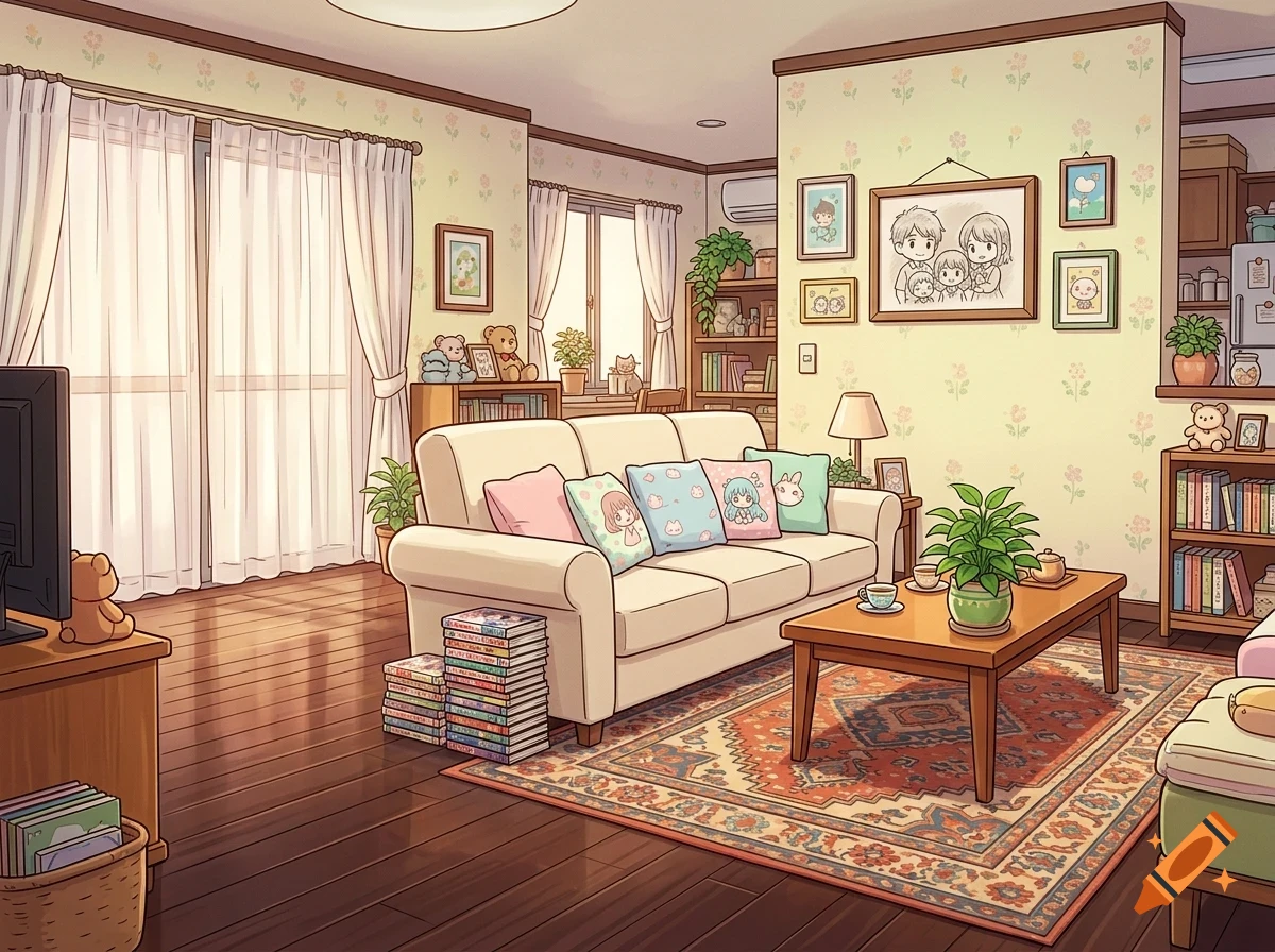 An illustrated cozy living room interior with a white sofa, a wooden coffee table, framed family pictures on the wall, and bookshelves.
