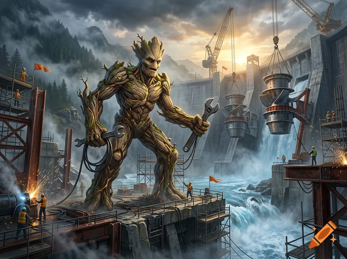 A giant tree-like creature holding wrenches at a large hydroelectric dam construction site.