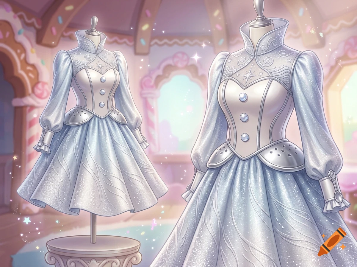 Two pale blue and white dresses on mannequins inside a fantasy confectionery-themed room.