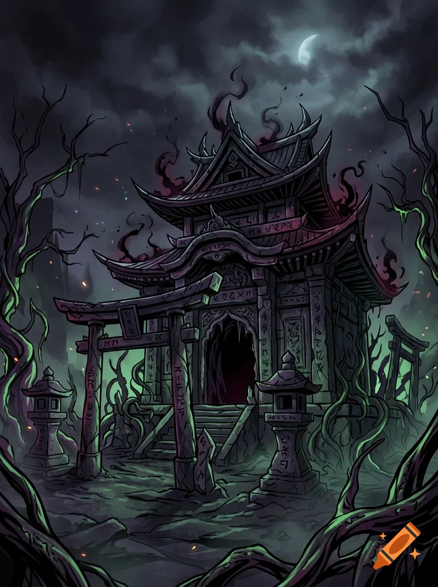 An eerie, dark traditional Asian temple surrounded by twisted dead trees and glowing mist under a moonlit cloudy sky.