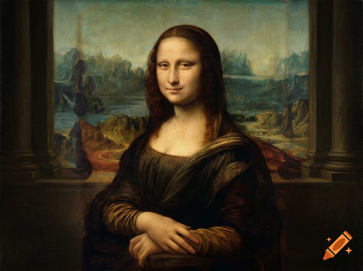 An oil painting reproduction of the Mona Lisa set against a landscape backdrop with pillars.