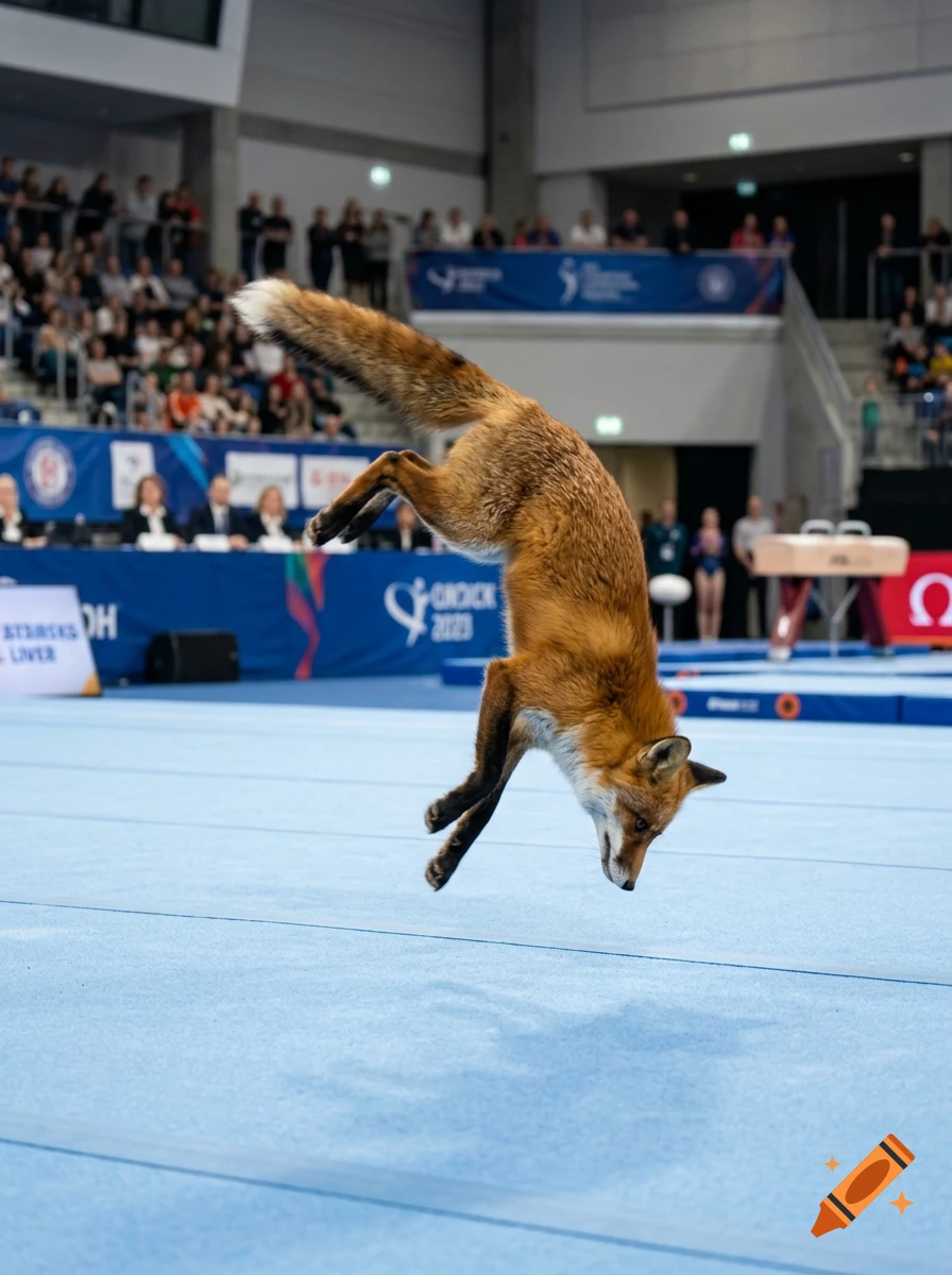 Photorealistic image of a red fox doing a flip on a blue gymnastic mat in a sports arena.