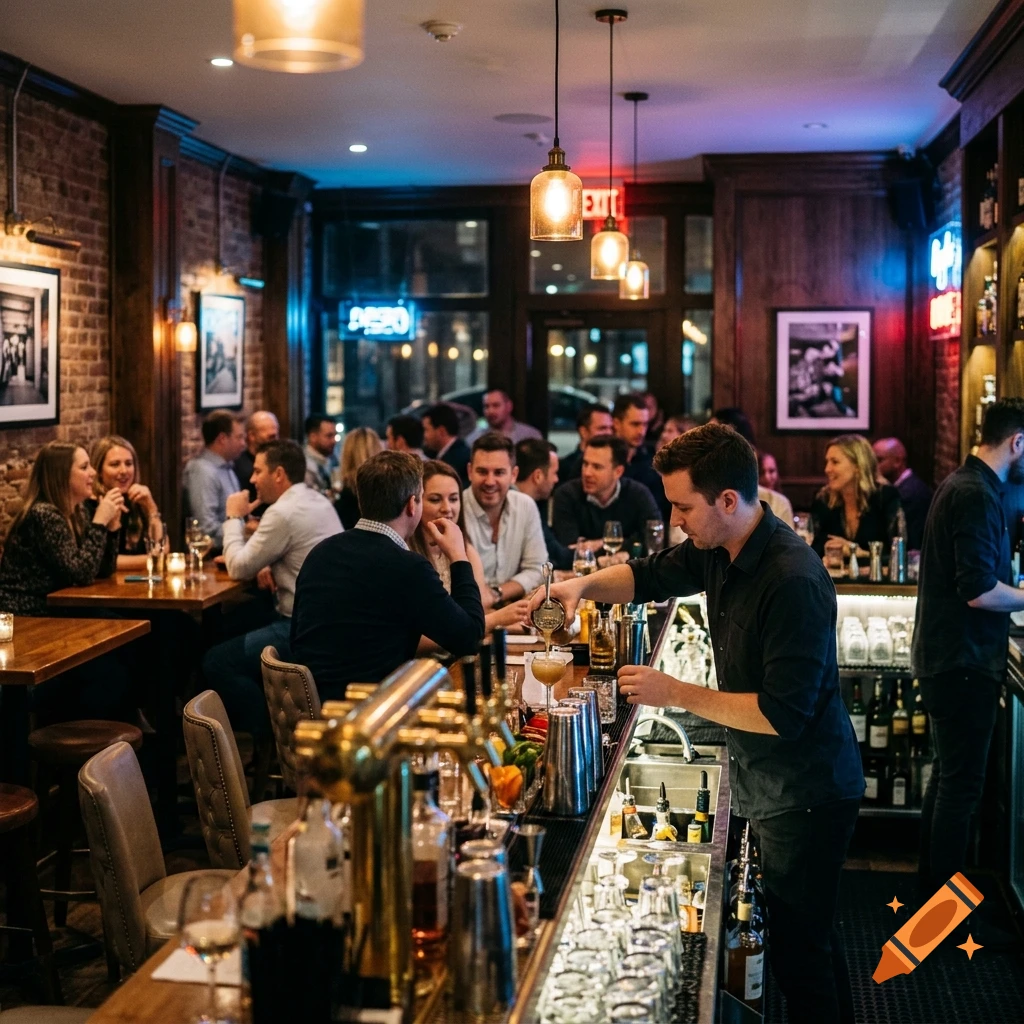 Photorealistic shot of a crowded bar interior with patrons sitting at tables and a bartender preparing a drink.