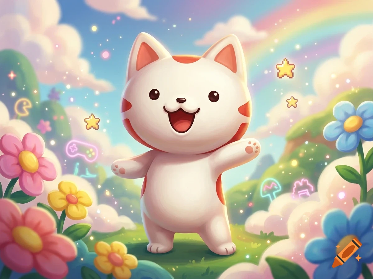 An adorable cartoon white and orange cat character standing in a vibrant fantasy landscape with flowers, clouds, stars, and a rainbow.