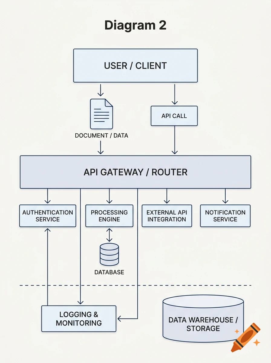 System architecture diagram showing data flow between user, API gateway, services, and database.