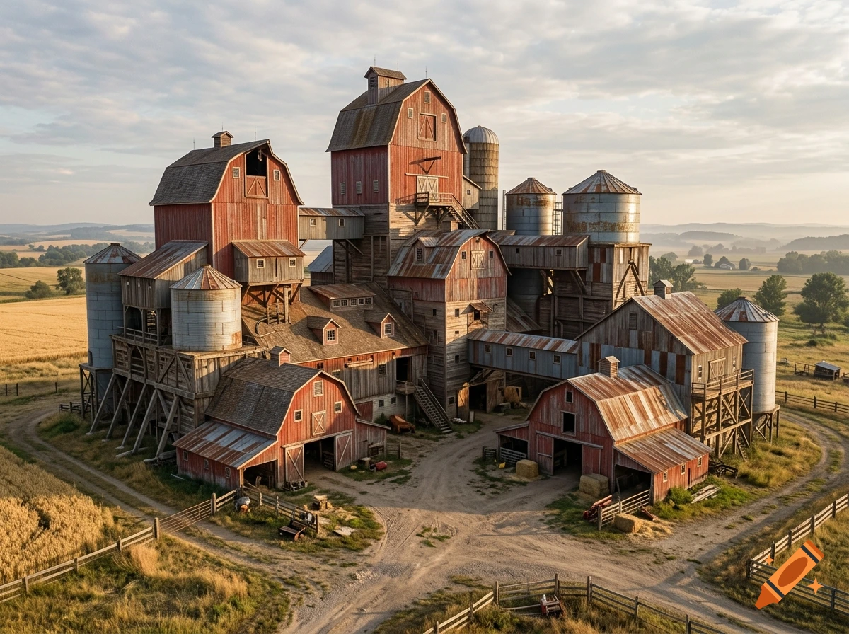Photorealistic aerial view of a massive castle complex constructed entirely from interconnected red barns and silos in a rural landscape.