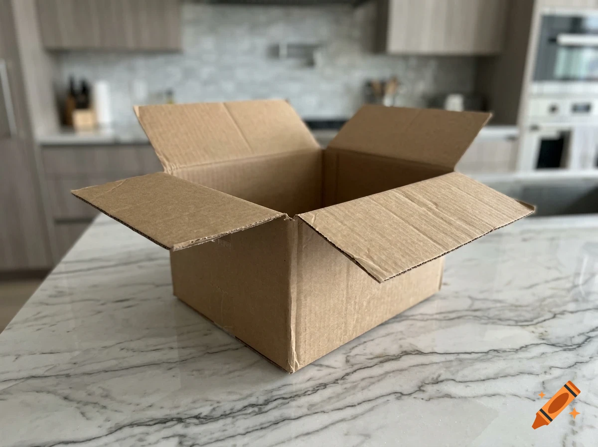 An open cardboard shipping box sitting on a white marble countertop in a kitchen.