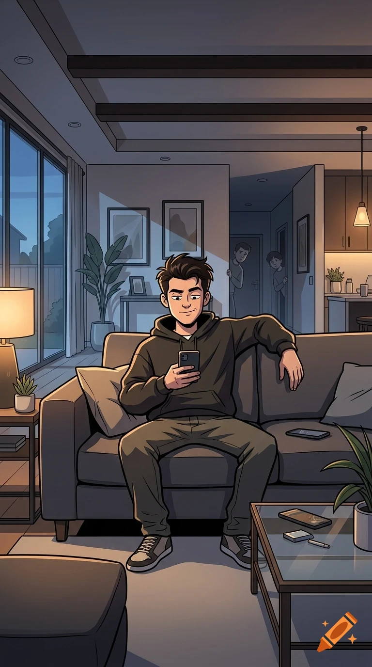 An illustrated young man sits on a couch in a living room at night, looking at his smartphone while two shadowy figures peek from a doorway in the background.