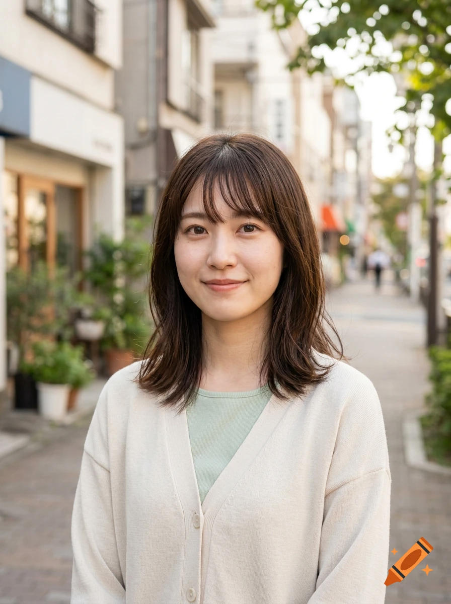 Photorealistic portrait of a young Japanese woman with shoulder-length dark hair smiling in a street setting.