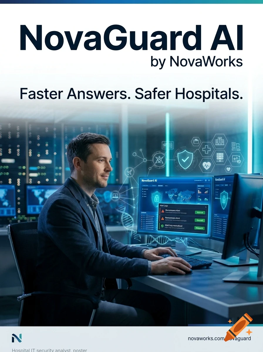 A poster featuring a man working at a computer in a server room, promoting NovaGuard AI with the text Faster Answers. Safer Hospitals.