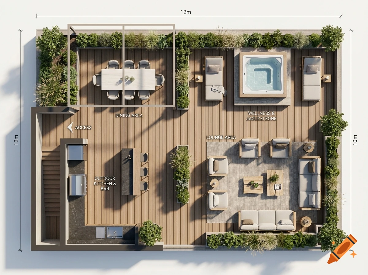 Top-down architectural 3D render of a modern rooftop terrace with dining area, lounge, outdoor kitchen, and jacuzzi.