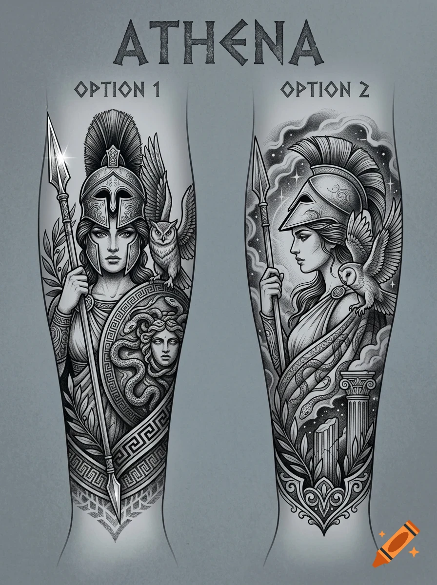Two black and grey tattoo design options featuring Athena with a spear, helmet, shield, owl, and classical Greek motifs.