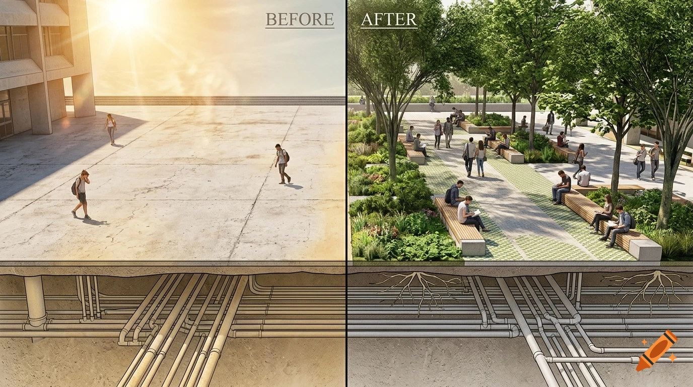 Before and after comparison of an urban space transformation featuring greenery and people.