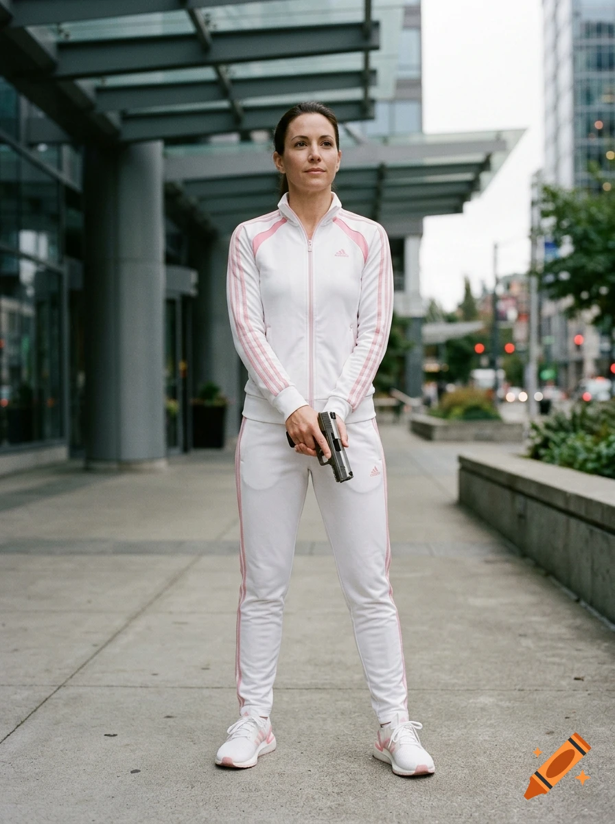 Photorealistic full-body shot of a female agent wearing a white and pink Adidas tracksuit, holding a pistol, standing outside a modern building.
