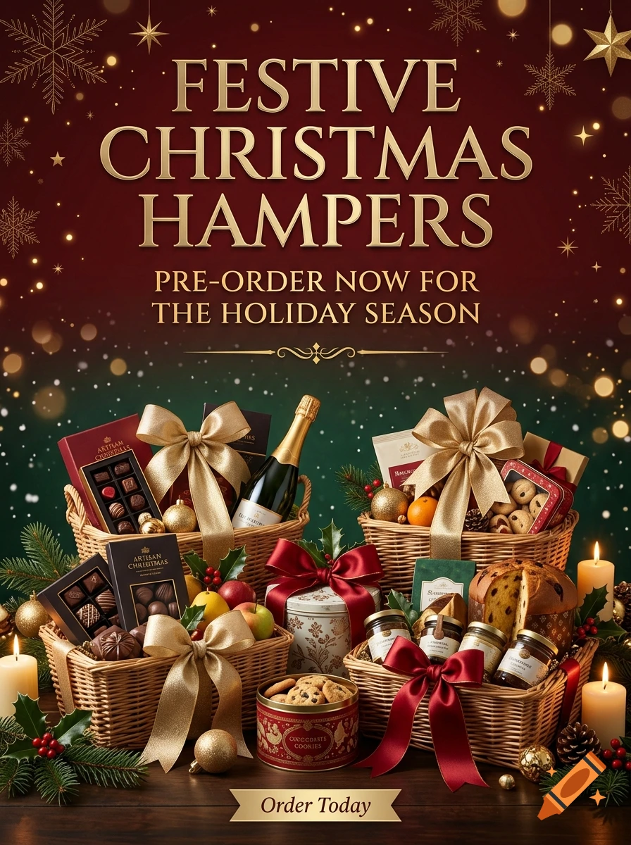 An advertisement for festive Christmas hampers featuring wicker baskets filled with chocolates, wine, fruits, and panettone against a dark red and green background with glowing lights, snowflakes, and gold typography.