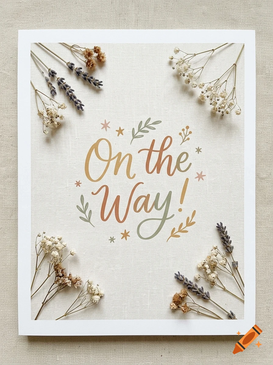 A flat lay image of a framed sign with the text On the Way! surrounded by dried flowers like lavender and baby's breath.