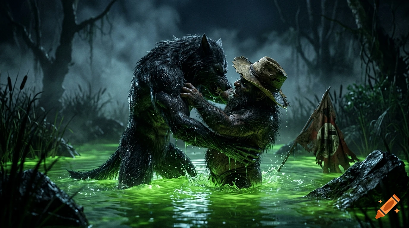 Photorealistic cinematic still of a werewolf and a hairy creature fighting in a glowing green swamp at night.